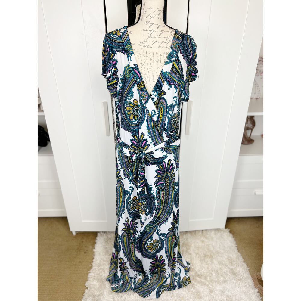 Ashley Stewart Multicolor Paisley Print Short Sleeve Wrap‎ Maxi Dress Size 14/16 - Picture 6 of 8